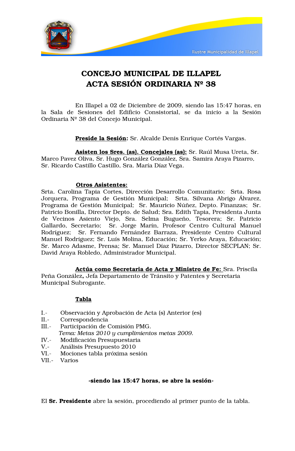 Concejo Municipal De Illapel Acta Sesión Ordinaria Nº 38