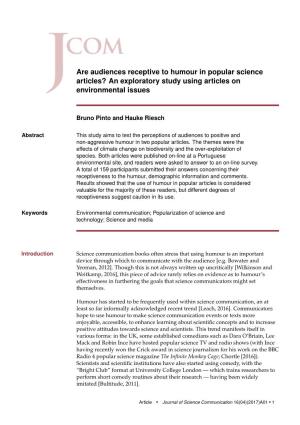Are Audiences Receptive to Humour in Popular Science Articles? an Exploratory Study Using Articles on Environmental Issues