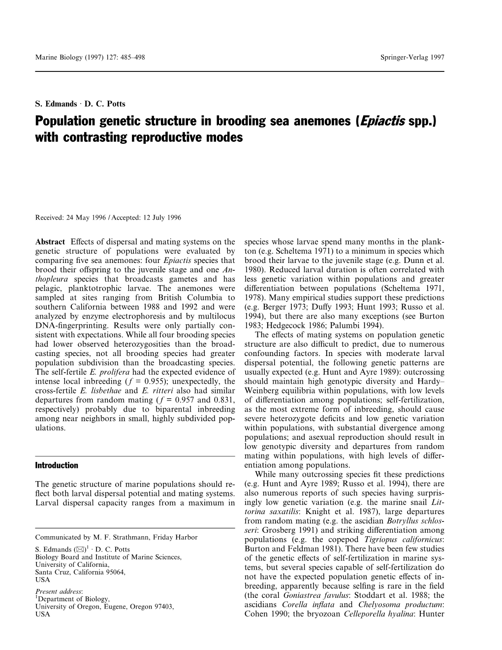 Population Genetic Structure in Brooding Sea Anemones (Epiactis Spp.) with Contrasting Reproductive Modes