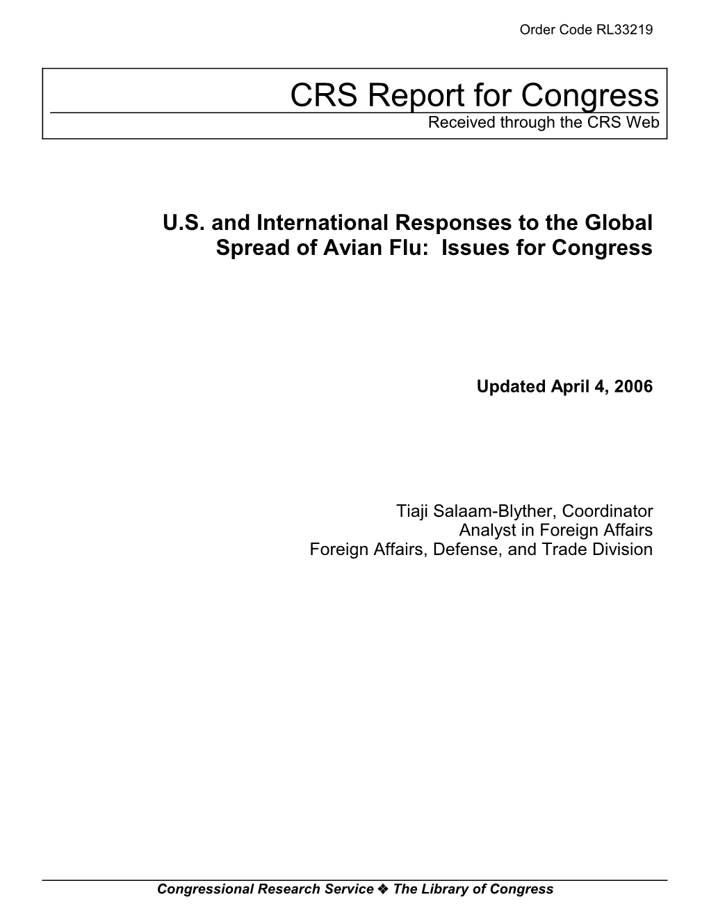 US and International Responses to the Global Spread of Avian