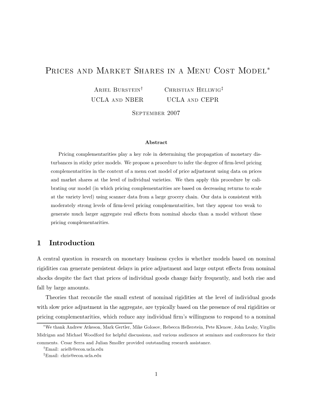 Prices and Market Shares in a Menu Cost Model∗