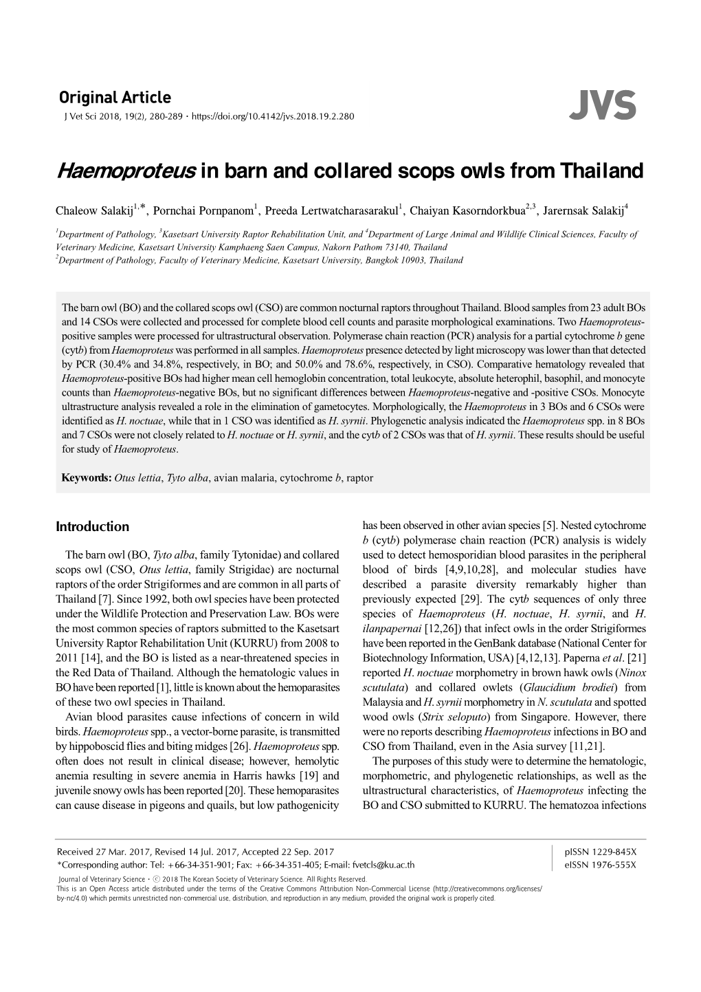 Haemoproteus in Barn and Collared Scops Owls from Thailand