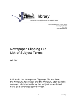 Newspaper Clipping File Subject Terms
