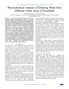 Physiochemical Analysis of Drinking Water from Different Urban Areas of Faisalabad Saeed Q*., Bhatti I.A., Ashraf A., Ahmad B