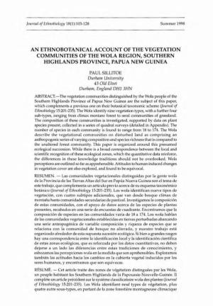 An Ethnobotanical Account of the Vegetation Communities of the Wola Region, Southern Highlands Province, Papua New Guinea