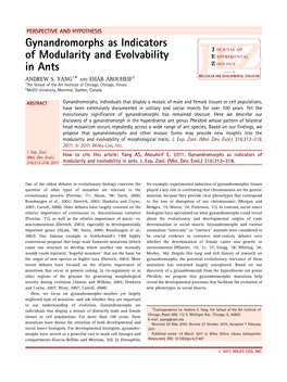 Gynandromorphs As Indicators of Modularity and Evolvability in Ants 1Ã 2 ANDREW S