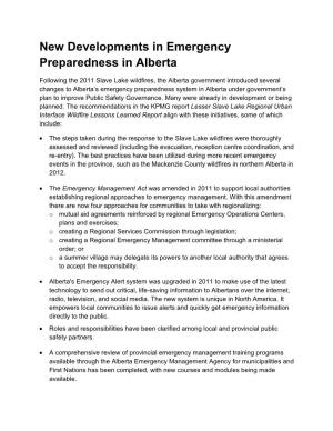 New Developments in Emergency Preparedness in Alberta