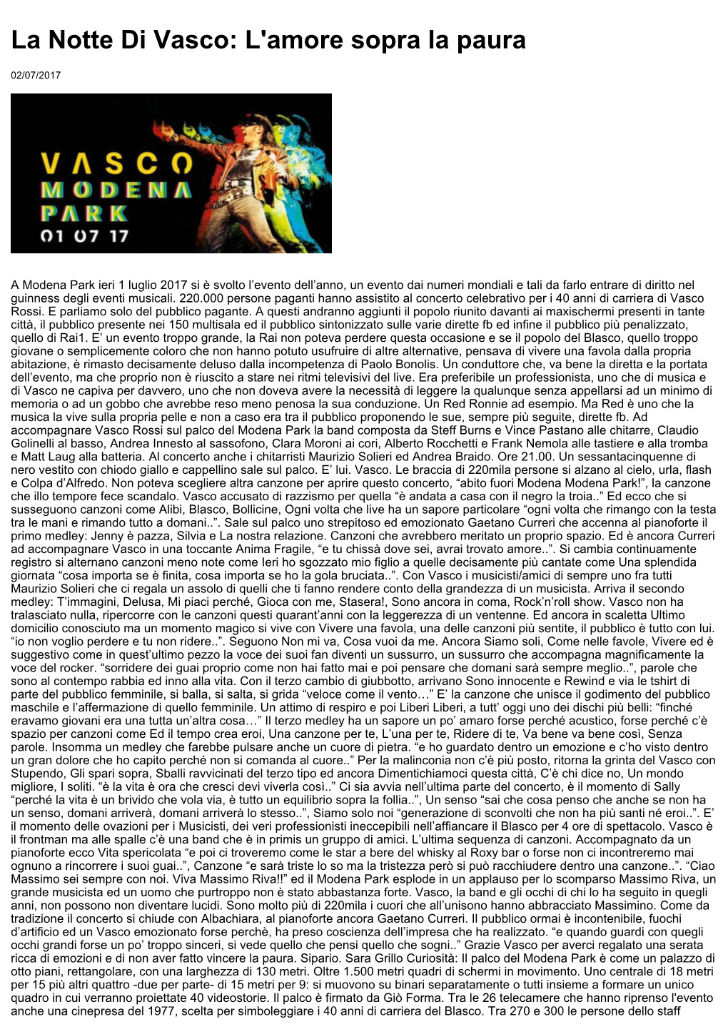 La Notte Di Vasco: L'amore Sopra La Paura