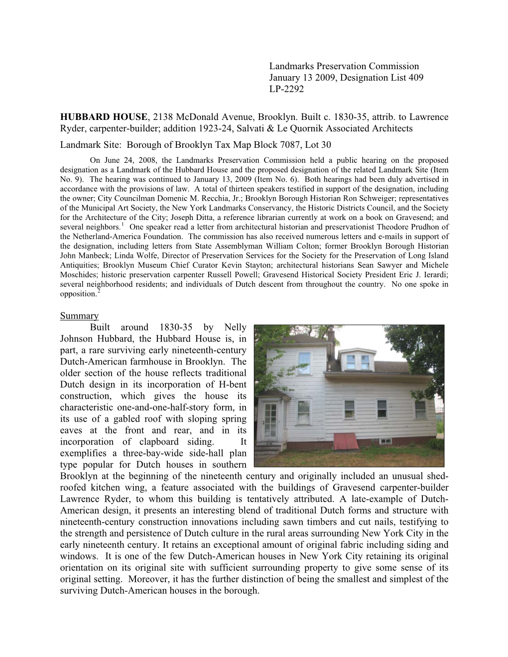 Landmarks Preservation Commission January 13 2009, Designation List 409 LP-2292