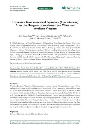 Three New Fossil Records of Equisetum (Equisetaceae) from the Neogene of South-Western China and Northern Vietnam