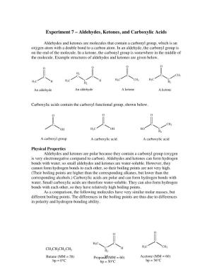 Experiment 7 – Aldehydes, Ketones, and Carboxylic Acids