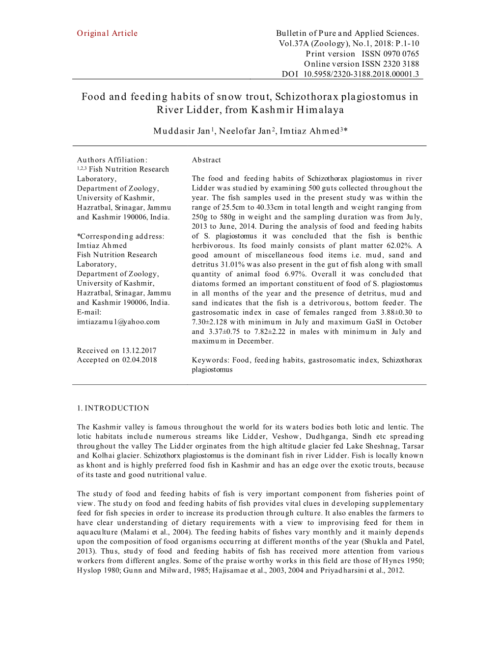 Food and Feeding Habits of Snow Trout, Schizothorax Plagiostomus in River Lidder, from Kashmir Himalaya