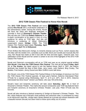 TCM CFF 2012 Kim Novak Announcement