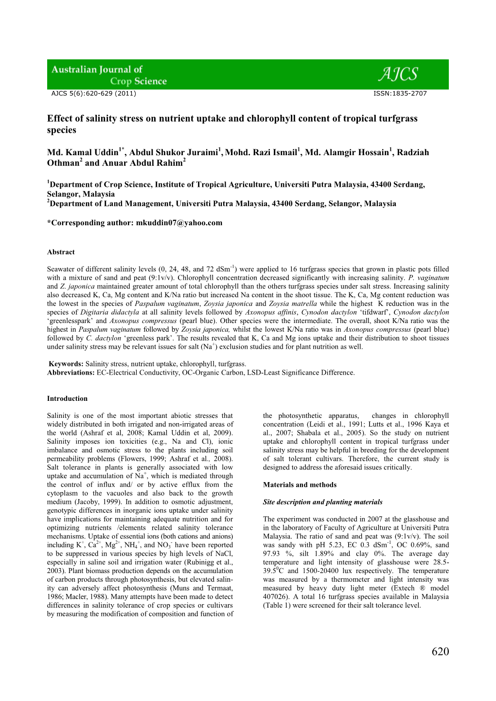 Nutrient Uptake Responses of Tropical Turfgrass Species to Salinity Stress