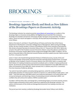 Brookings Appoints Eberly and Stock As New Editors of the Brookings Papers on Economic Activity