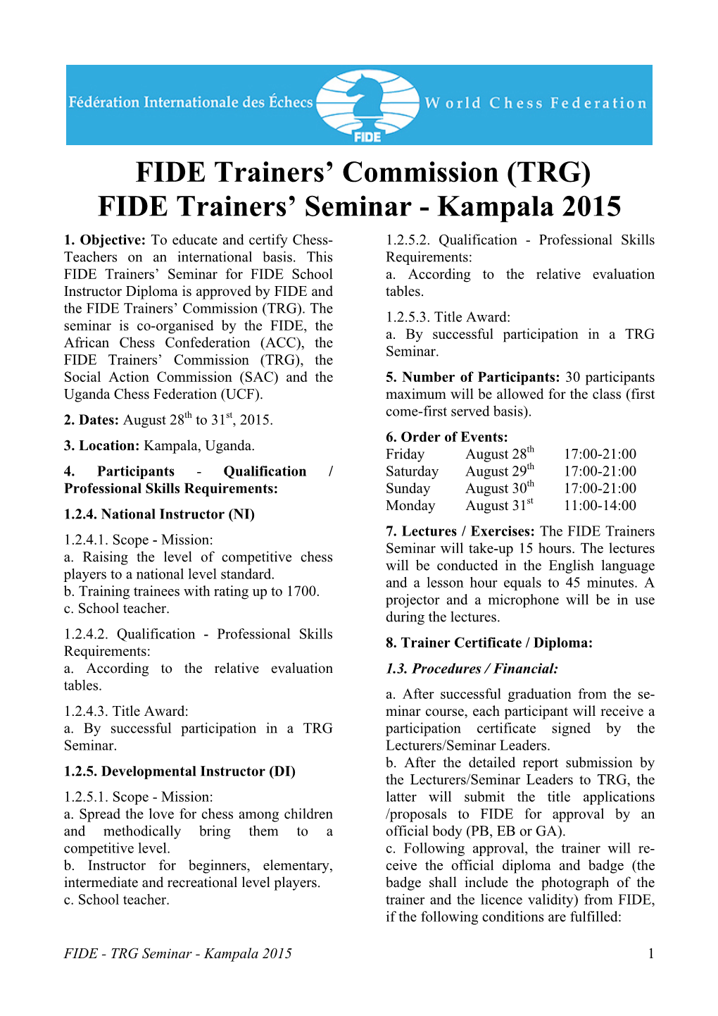 FIDE Trainers' Commission (TRG) FIDE Trainers' Seminar