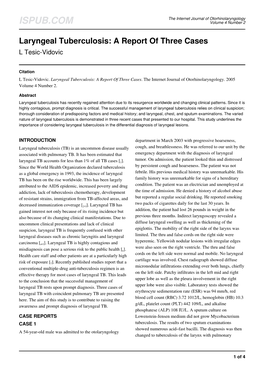 Laryngeal Tuberculosis: a Report of Three Cases L Tesic-Vidovic