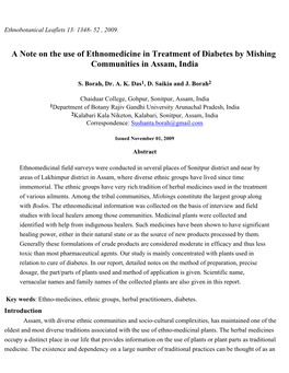A Note on the Use of Ethnomedicine in Treatment of Diabetes by Mishing Communities in Assam, India