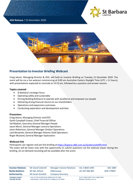 Presentation to Investor Briefing Webcast