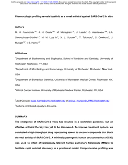 Pharmacologic Profiling Reveals Lapatinib As a Novel Antiviral Against SARS-Cov-2 in Vitro