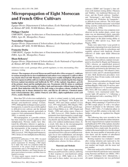 Micropropagation of Eight Moroccan and French Olive Cultivars