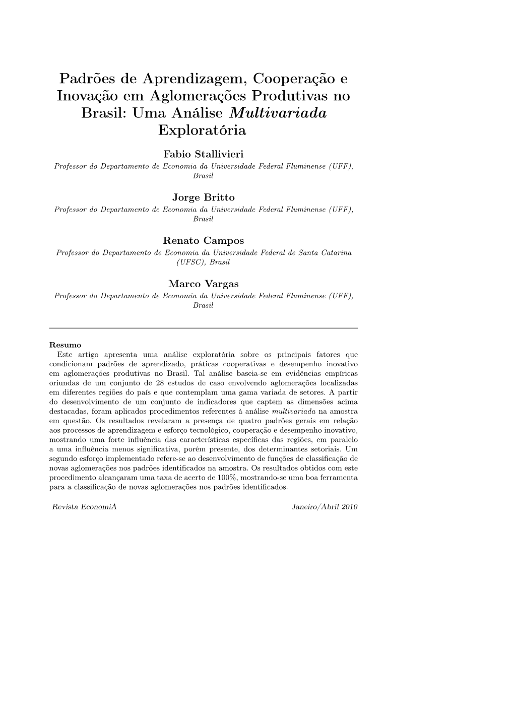 Padrões De Aprendizagem, Cooperação E Inovação Em Aglomerações Produtivas No Brasil: Uma Análise Multivariada Exploratória