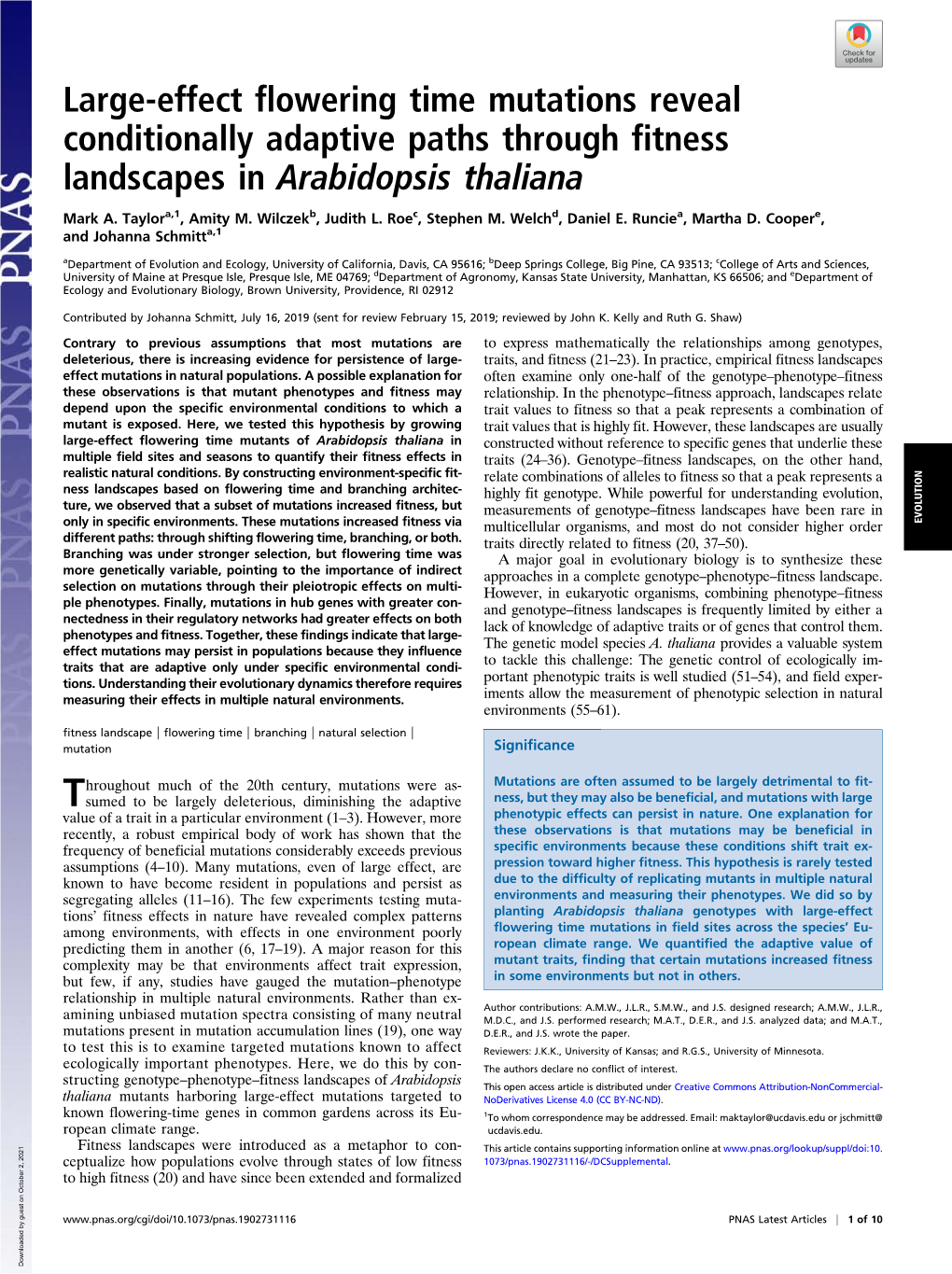 Large-Effect Flowering Time Mutations Reveal Conditionally Adaptive Paths Through Fitness Landscapes in Arabidopsis Thaliana