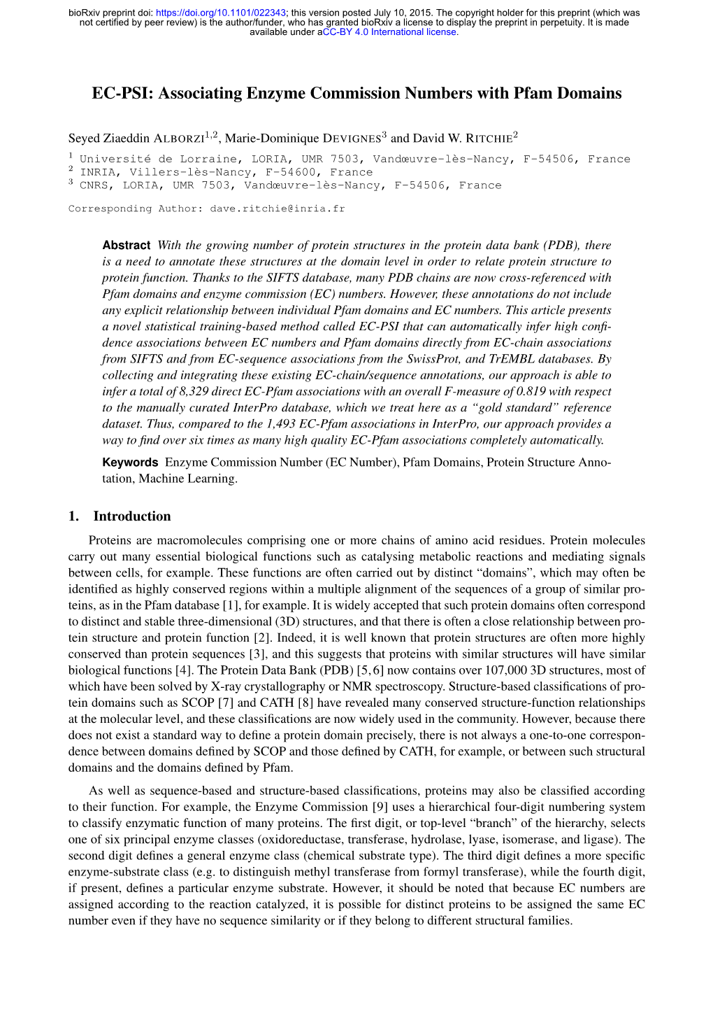 EC-PSI: Associating Enzyme Commission Numbers with Pfam Domains