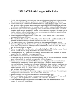 2021 SAYB Little League Wide Rules