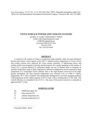 VENUS SURFACE POWER and COOLING SYSTEMS Geoffrey A