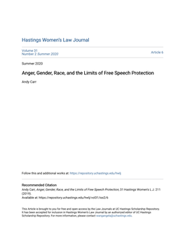 Anger, Gender, Race, and the Limits of Free Speech Protection