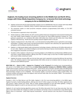 Anghami, the Leading Music Streaming Platform in the Middle East and North Africa, Merges with Vistas Media Acquisition Company Inc
