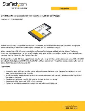 2 Port Flush Mount Expresscard 54Mm Superspeed USB 3.0 Card Adapter Startech ID: ECUSB3S254F