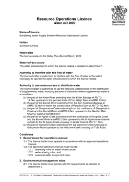 Bundaberg Water Supply Scheme Resource Operations Licence