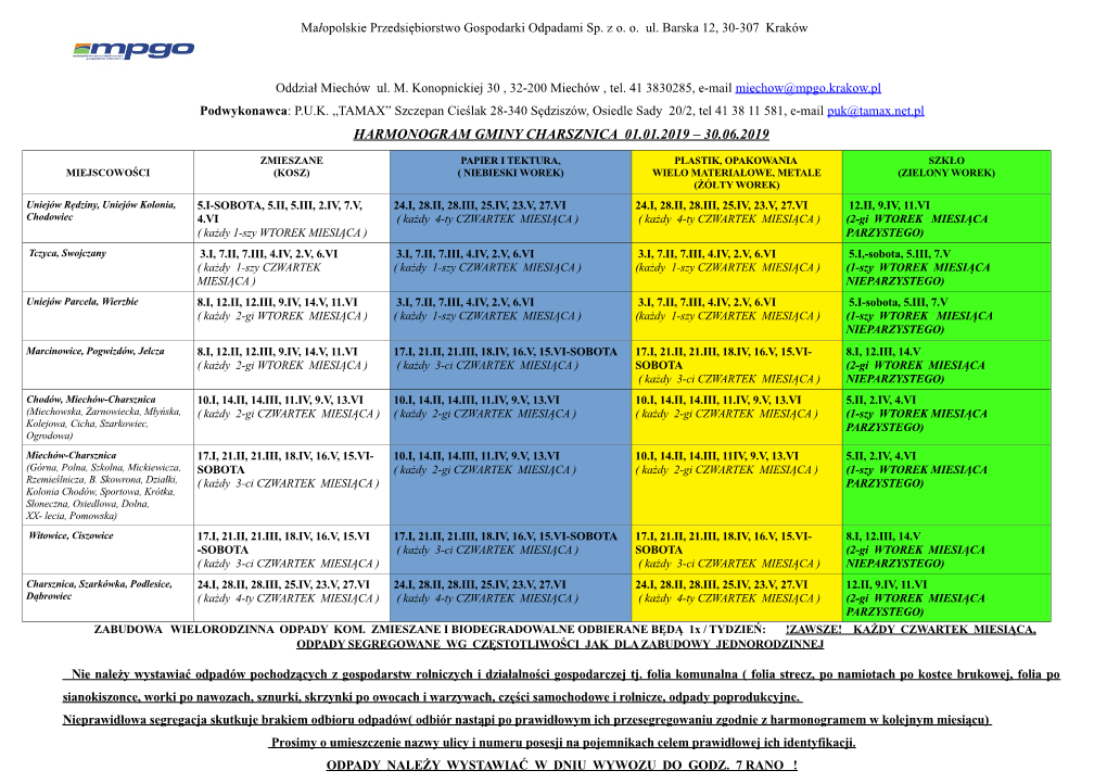 Harmonogram Gminy Charsznica 01.01.2019 – 30.06.2019