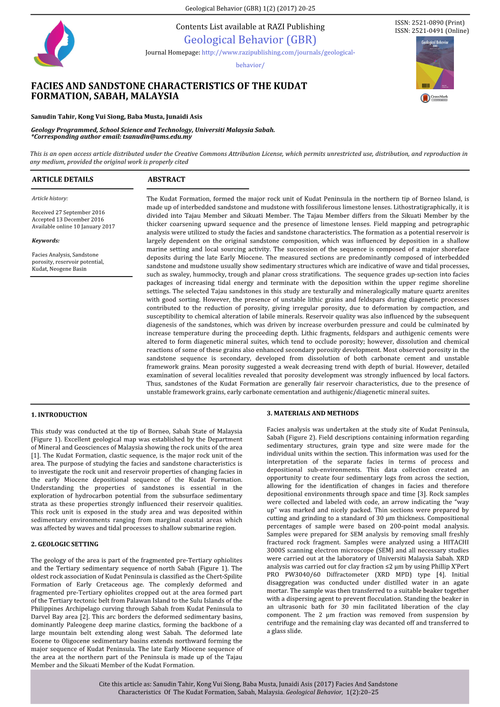 Facies and Sandstone Characteristics of the Kudat Formation, Sabah, Malaysia