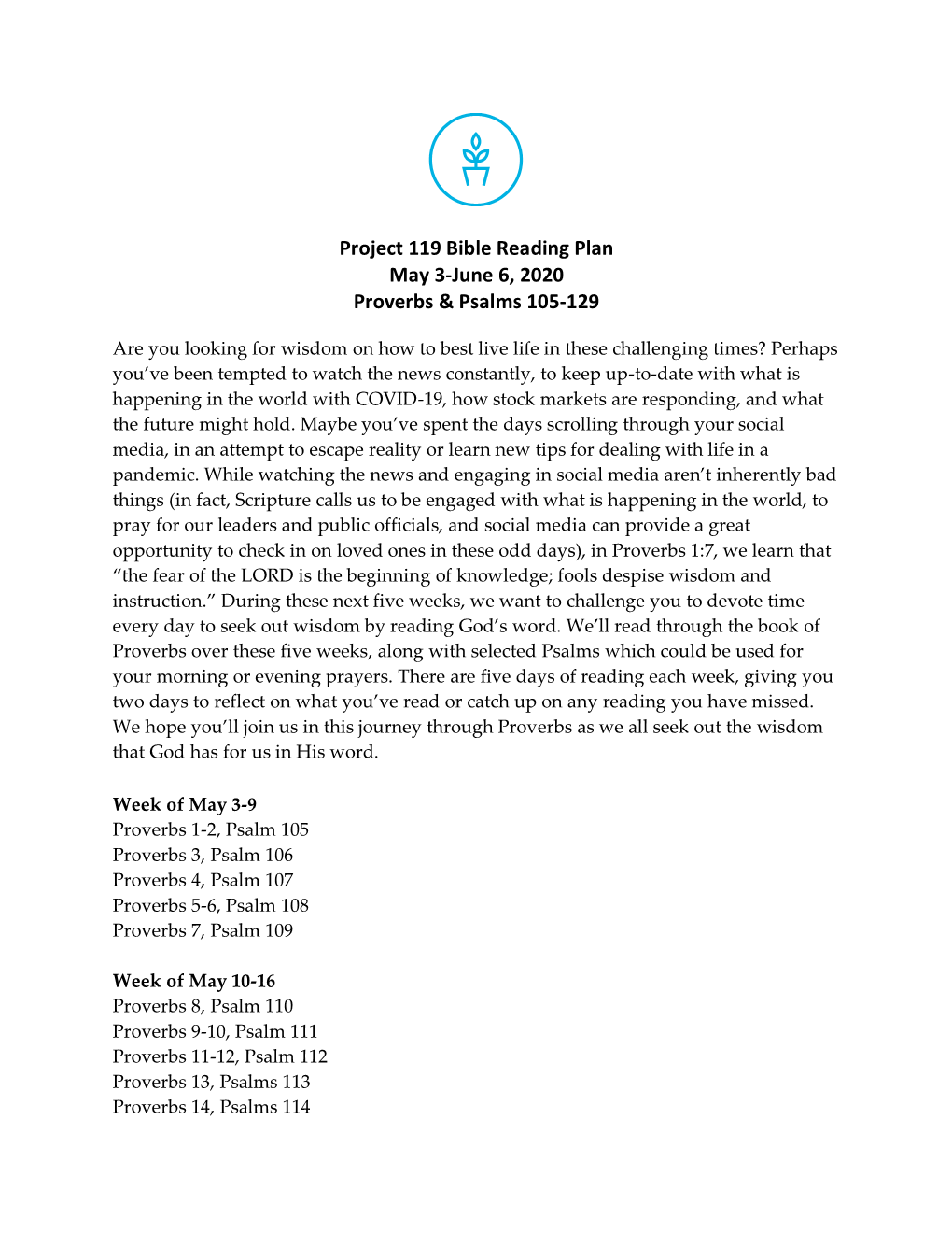 Project 119 Bible Reading Plan May 3-June 6, 2020 Proverbs & Psalms