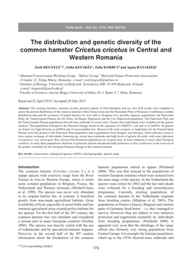 The Distribution and Genetic Diversity of the Common Hamster Cricetus Cricetus in Central and Western Romania