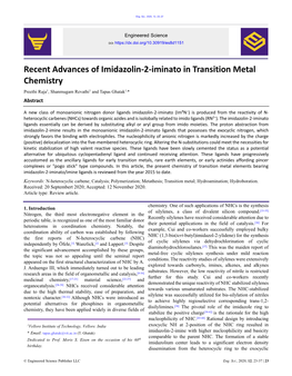 Recent Advances of Imidazolin-2-Iminato in Transition Metal Chemistry Preethi Raja1, Shanmugam Revathi1 and Tapas Ghatak1,* Abstract