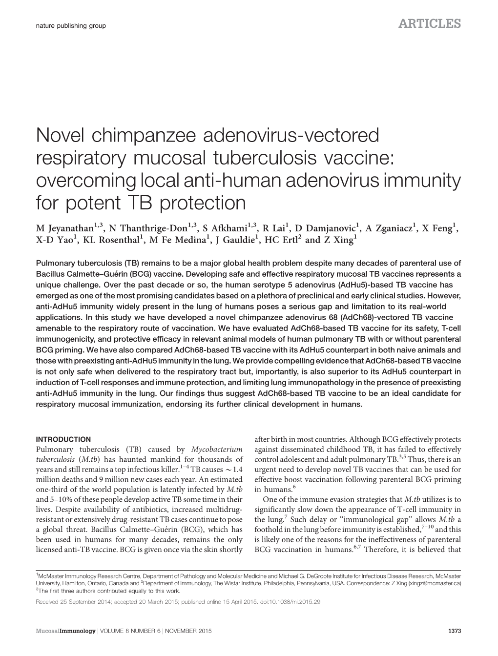 Novel Chimpanzee Adenovirus-Vectored Respiratory Mucosal Tuberculosis Vaccine: Overcoming Local Anti-Human Adenovirus Immunity for Potent TB Protection