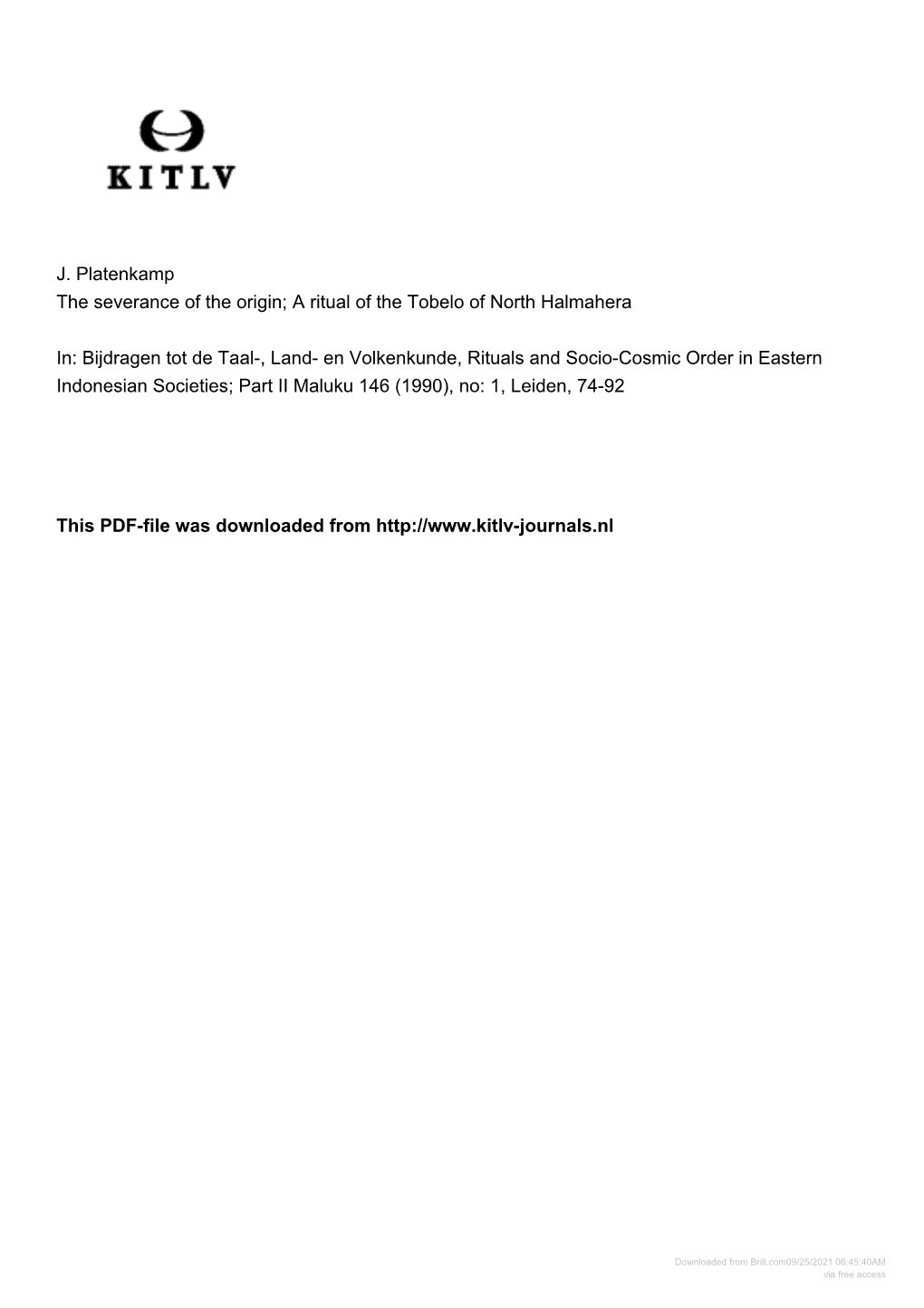 J. Platenkamp the Severance of the Origin; a Ritual of the Tobelo of North Halmahera