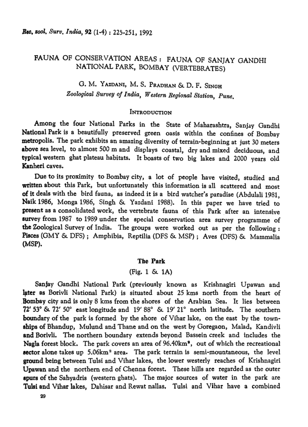 Fauna of Sanjay Gandhi National Park, Bombay (Vertebrates)