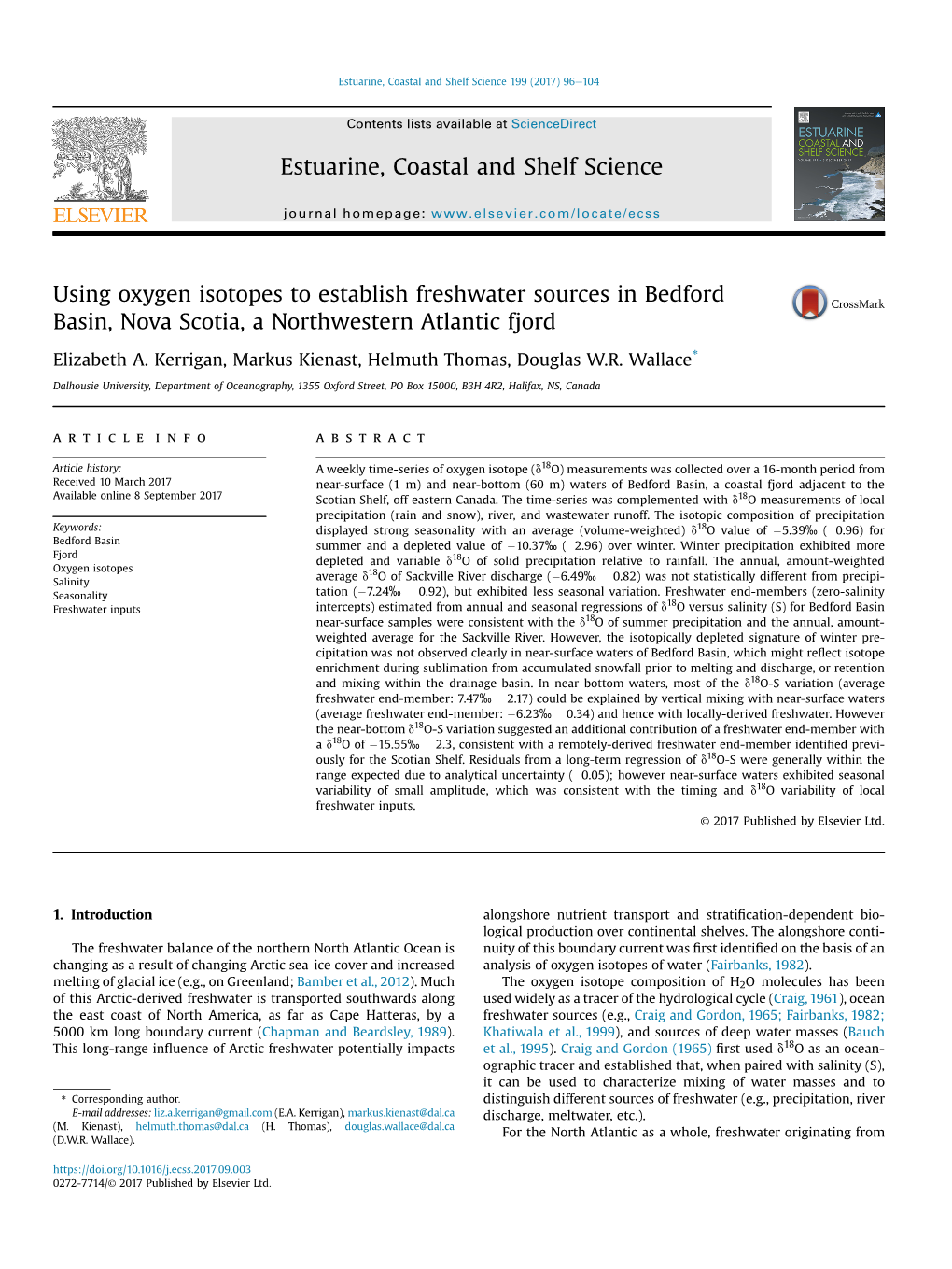 Using Oxygen Isotopes to Establish Freshwater Sources in Bedford Basin, Nova Scotia, a Northwestern Atlantic Fjord