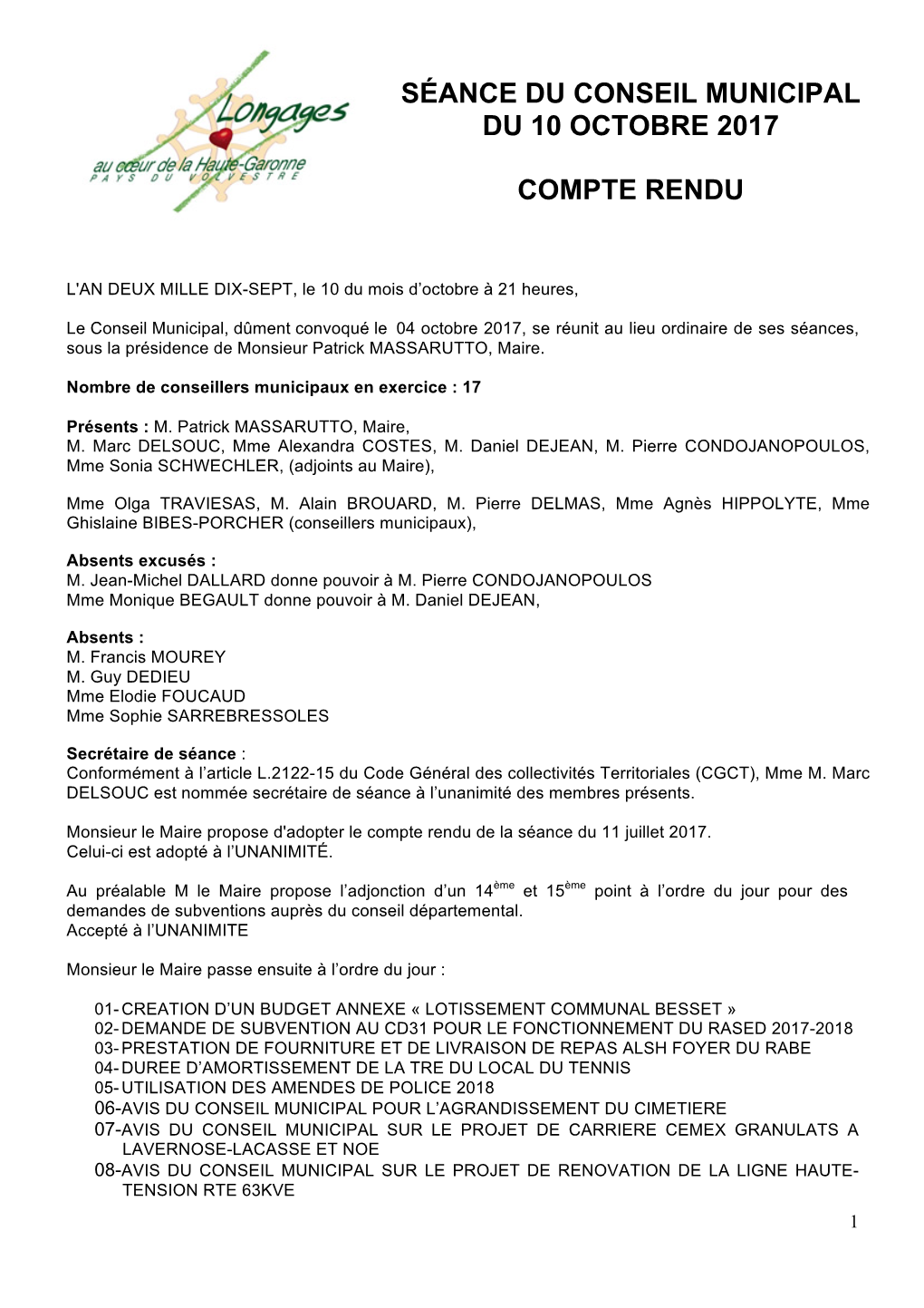 Séance Du Conseil Municipal Du 10 Octobre 2017 Compte