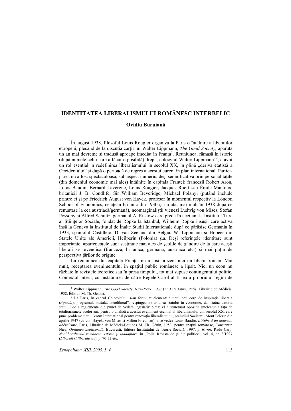 OVIDIU BURUIANĂ, Identitatea Liberalismului Românesc Interbelic