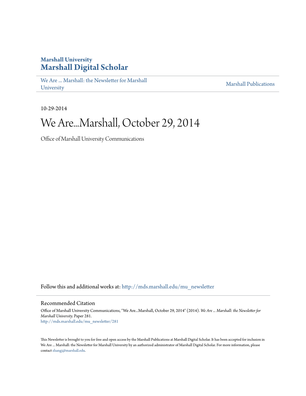 We Are...Marshall, October 29, 2014 Office Ofa M Rshall University Communications