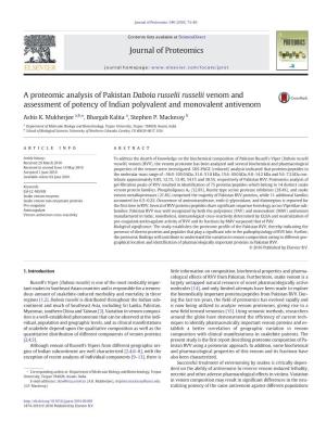 A Proteomic Analysis of Pakistan Daboia Russelii Russelii Venom and Assessment of Potency of Indian Polyvalent and Monovalent Antivenom