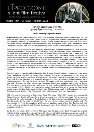 Body and Soul (1925) Opening Night: Wednesday 17 March 2021