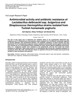 Antimicrobial Activity and Antibiotic Resistance of Lactobacillus Delbrueckii Ssp