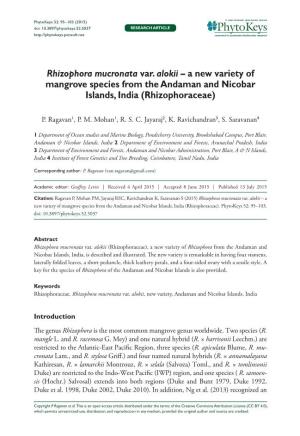 Rhizophora Mucronata Var. Alokii – a New Variety of Mangrove Species from the Andaman and Nicobar Islands, India (Rhizophoraceae)